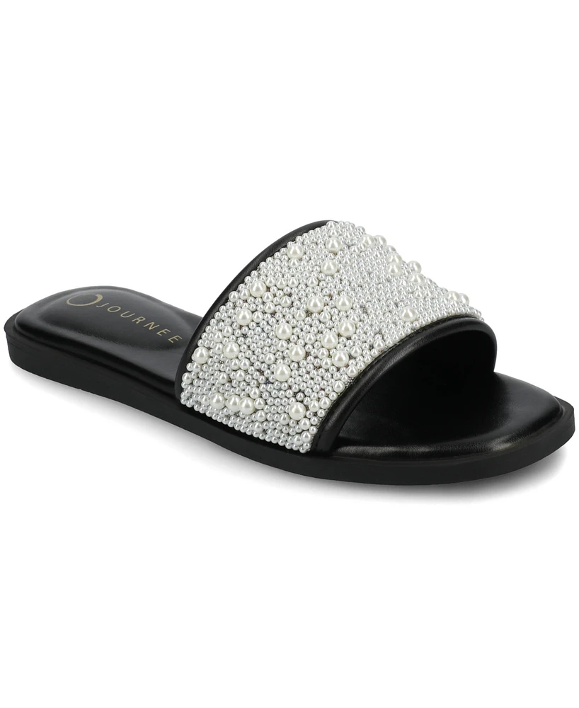 Journee Collection Women's Precly Faux Pearl Single Band Flat Sandals