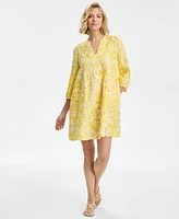 Charter Club Women's Floral-Print Bhavana 3/4-Sleeve 100% Linen Pintuck Dress, Exclusively at Macy's