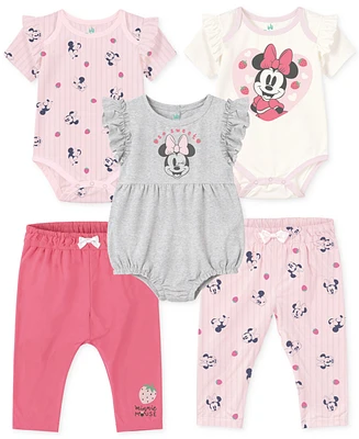 Disney Baby Girls Minnie Mouse Bodysuits & Pants, 5 Piece Set