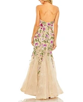 Women's Strapless Sheer Bustier Embroidered Mermaid Gown