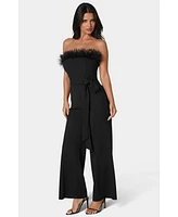 bebe Women's Strapless Feather Jumpsuit