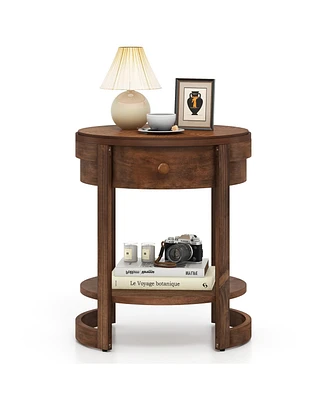 Gymax 2-Tier Nightstand w/ Shelf & Wood Grains Drawer Round End Table for Living Room