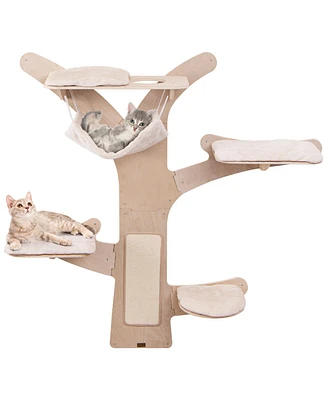 Wall-Mounted Cat Tower with Hammock, Platforms & Scratching Mat Space-Saving Climbing Playset for Cats