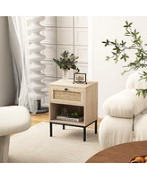 Gymax Rattan Nightstand Boho End Table with Drawer & Open Shelf for Living Room