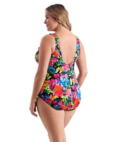 Longitude by Mimi Flamingo Blooming Bouquet Ruffle Front Surplice One Piece Swimsuit