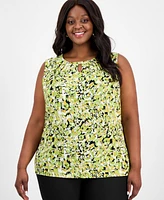 Kasper Plus Printed Sleeveless Keyhole Blouse