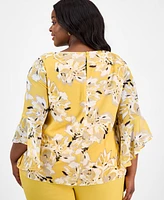 Kasper Plus Printed Ruffle-Sleeve Blouse