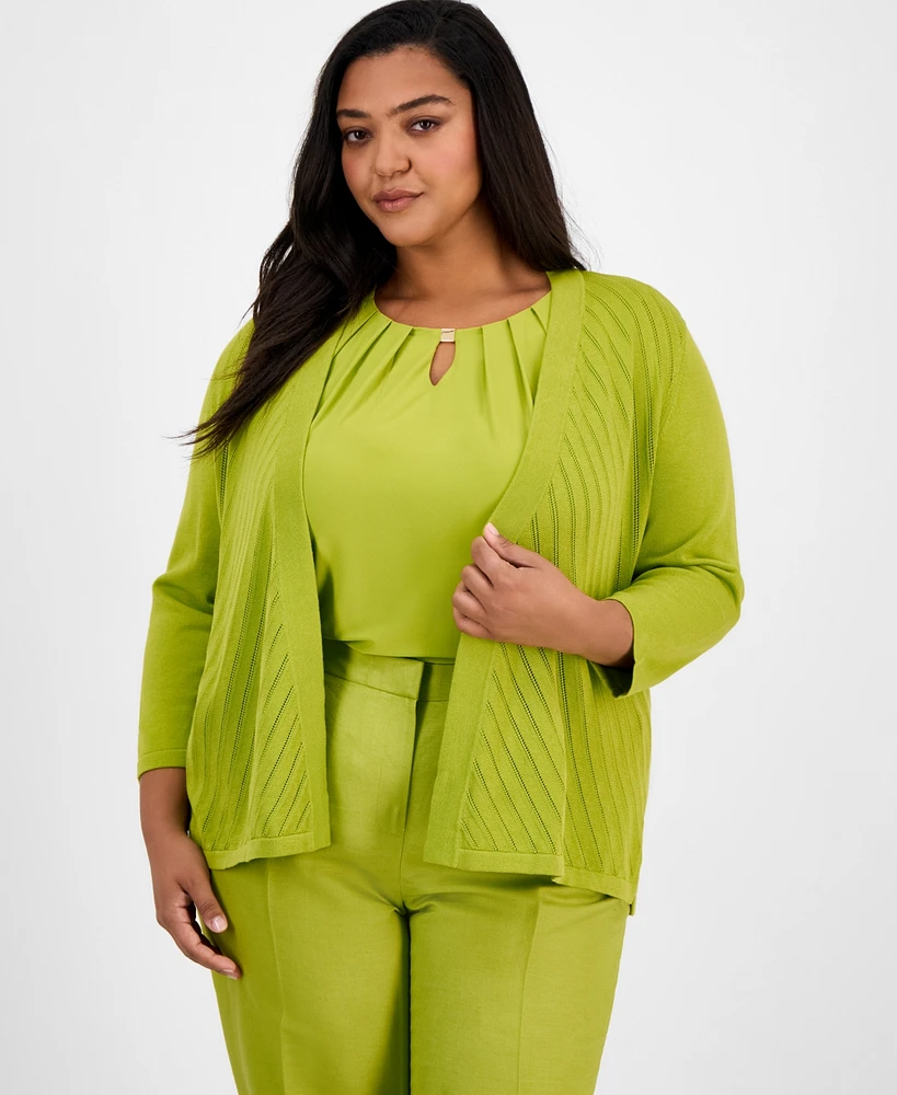 Kasper Plus Diagonal Stitch Open-Front Cardigan