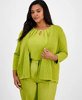 Kasper Plus Diagonal Stitch Open-Front Cardigan