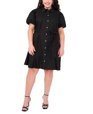 Msk Plus Cotton Puff-Sleeve Belted Shirtdress