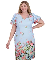Eliza J Plus Printed V-Neck Puff-Sleeve Dress