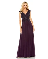 Women's Appliqued Cap Sleeve Bodice Flowy Gown