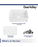 DeerValley 30" L x 20" W Single Bowl Fireclay Farmhouse Kitchen Sink with Bottom Grid and Strainer Drain