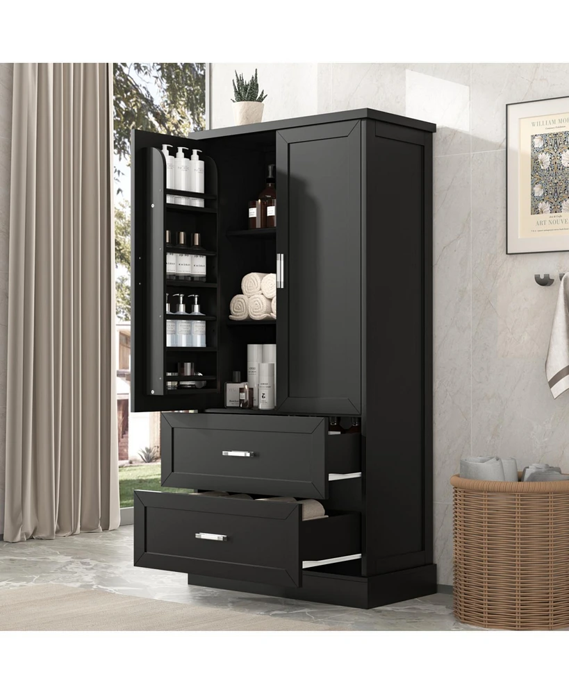 Tall Bathroom Storage Cabinet, Cabinet with Two Doors and Drawers, Adjustable Shelf, Mdf Board, Black