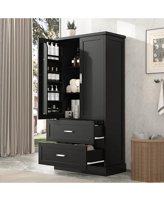 Tall Bathroom Storage Cabinet, Cabinet with Two Doors and Drawers, Adjustable Shelf, Mdf Board, Black