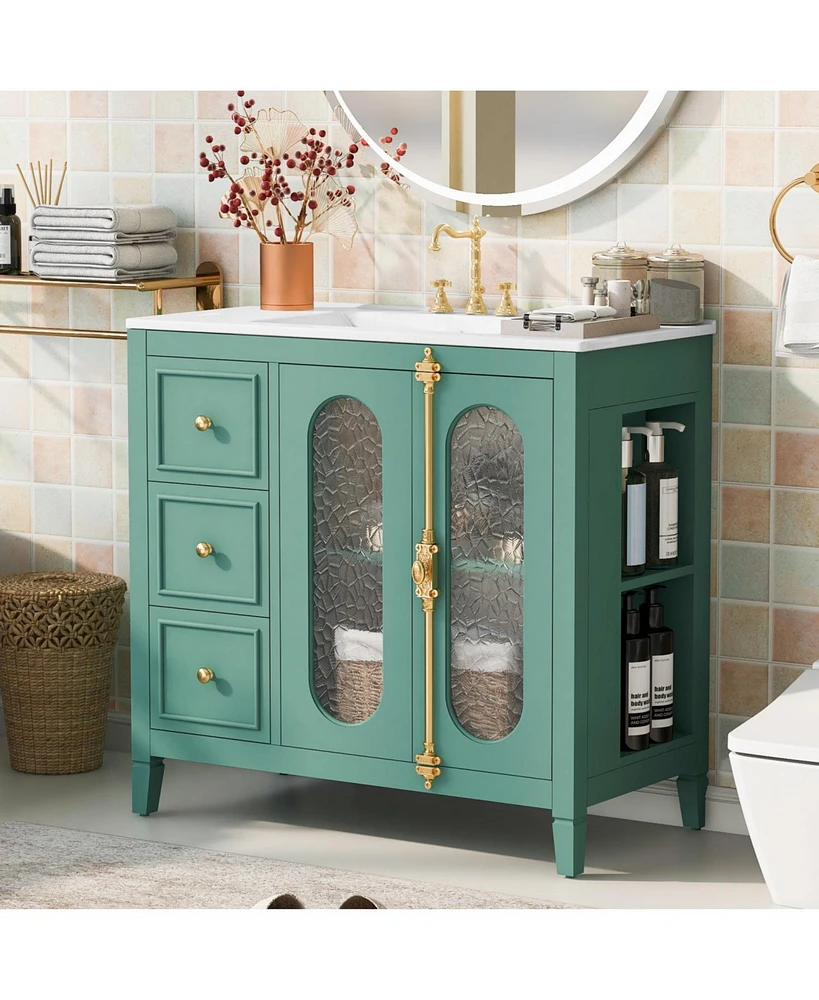 36-inch Bathroom Vanity with 2 Soft Close Doors, Solid Wood Frame Modern Bathroom Storage Cabinet with 3 Drawers