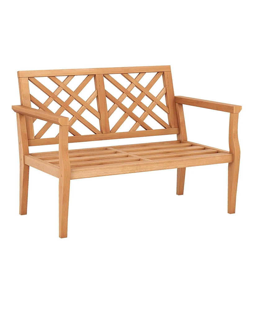 Outdoor Garden Bench 2-Person Teak Wood Bench with Comfy Armrests and Backrest