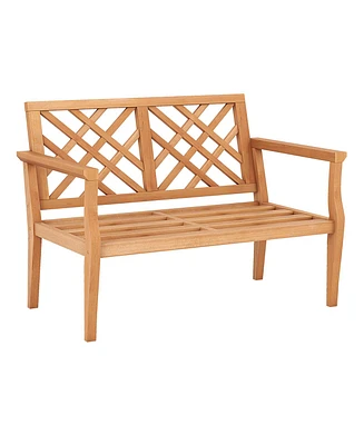 Outdoor Garden Bench 2-Person Teak Wood Bench with Comfy Armrests and Backrest