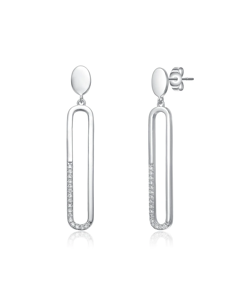 Sterling Silver with Clear Cubic Zirconia Pave Accents Oval Drop Earrings in White Gold Plated or 14K Gold Plated