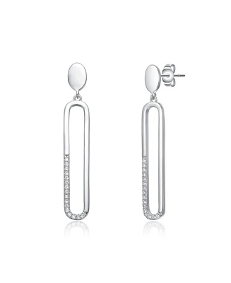 Sterling Silver with Clear Cubic Zirconia Pave Accents Oval Drop Earrings in White Gold Plated or 14K Gold Plated
