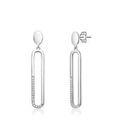 Sterling Silver with Clear Cubic Zirconia Pave Accents Oval Drop Earrings in White Gold Plated or 14K Gold Plated