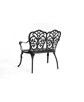 Patio Garden Bench Metal Park Bench Cast Aluminum Outdoor Furniture with Floral Rose for Patio,Park,Lawn,Yard Black