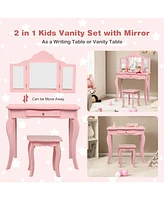 Kids Makeup Dressing Mirror Vanity Table Stool Set