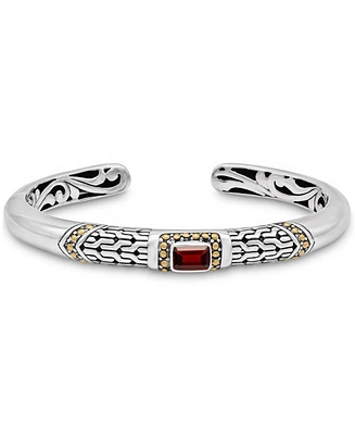 Devata Garnet & Bali Cuff Bracelet in Sterling Silver and 18K Gold Accents, Medium