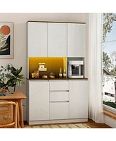 74" Freestanding Kitchen Pantry Cabinet with Charging Station, Led Lights