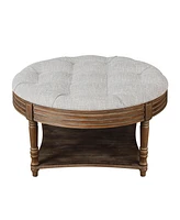 Round Waterproof Ottoman Table: Tufted Storage Coffee Table with Shelf