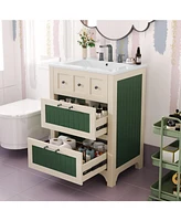 24 Inch Bathroom Vanity with Ceramic Sink, Bathroom Vanity Cabinet with 2 Drawers, Wooden Bathroom Sink Cabinet