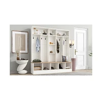 Hall Tree with Bench and Cube Storage (8 Hooks, White)