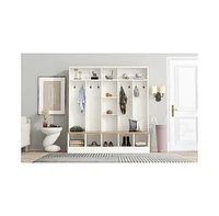 Hall Tree with Bench and Cube Storage (8 Hooks, White)