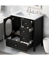 30" Bathroom Vanity with Sink, Bathroom Vanity Cabinet with Three Drawers and Door, Solid Wood and Mdf, Black