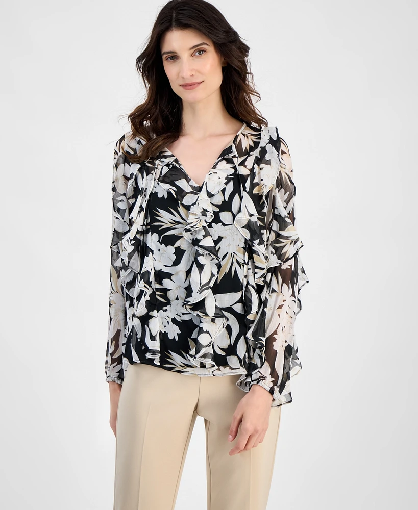 Anne Klein Women's Floral-Print Ruffle-Trim Blouse