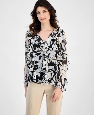 Anne Klein Women's Floral-Print Ruffle-Trim Blouse