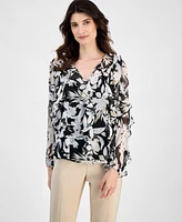 Anne Klein Women's Floral-Print Ruffle-Trim Blouse