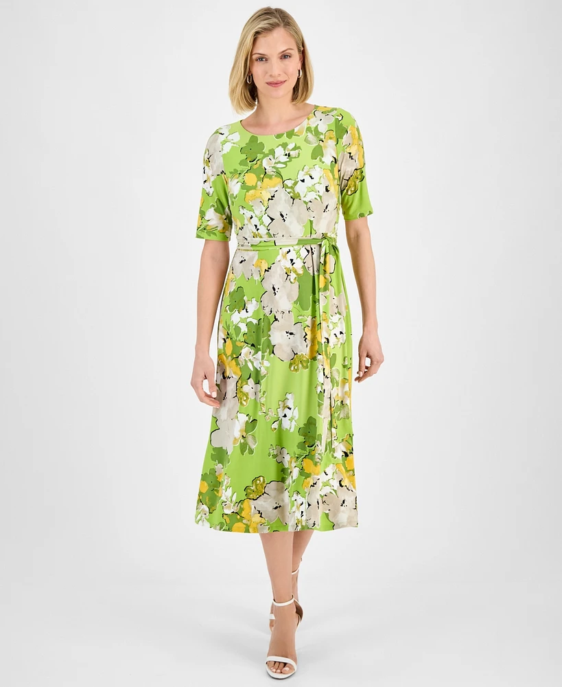 Kasper Women's Floral-Print Belted Fit & Flare Dress, Regular Petite