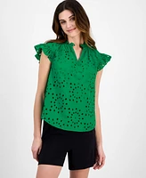 Anne Klein Women's Cotton Flutter-Sleeve Eyelet Blouse