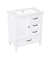 30" White Bathroom Vanity with Sink, Cabinet with Storage, Adjustable Legs