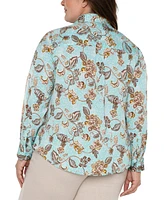 Liverpool Plus Floral-Print Woven Button Blouse