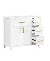 36" White Bathroom Vanity with Solid Wood and Mdf Cabinet, Sink Top, 2 Doors, 3 Drawers