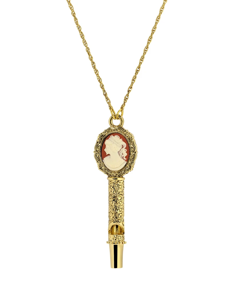 2028 Gold Tone Carnelian Ivory Cameo Whistle Necklace