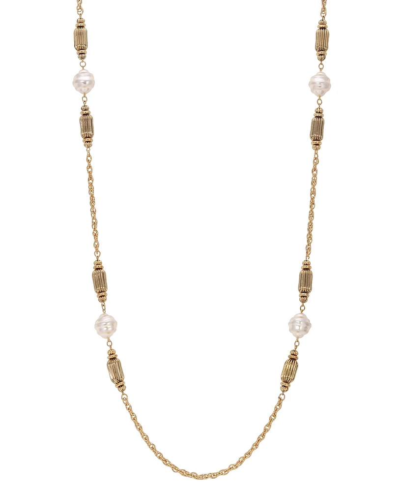 2028 Faux Cultivated Pearl Fluted Brass Long Necklace