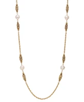 2028 Faux Cultivated Pearl Fluted Brass Long Necklace