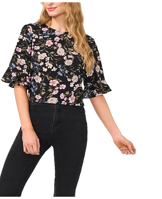 CeCe Women's Floral Crewneck 3/4-Sleeve Ruffled Cuff Blouse