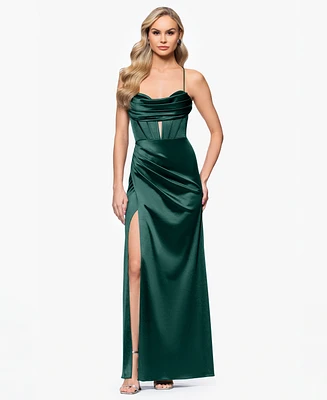Blondie Nites Juniors' Satin Corset-Waist Draped-Neck Gown