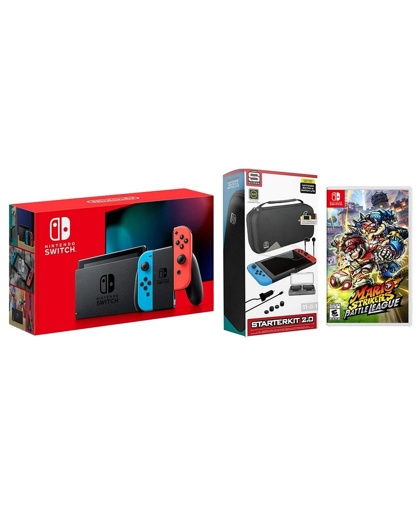 Nintendo Switch 32GB Console Neon Red/Blue Joy-Con Bundle with Surge 11-In-1 Accessory Starter Pack and Mario Strikers Battle League