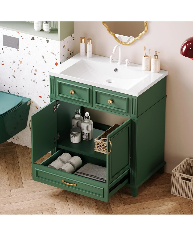 30" Green Bathroom Vanity with Resin Sink and Soft Closing Doors