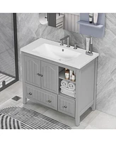 36" Grey Vanity Cabinet with Ceramic Sink and Storage
